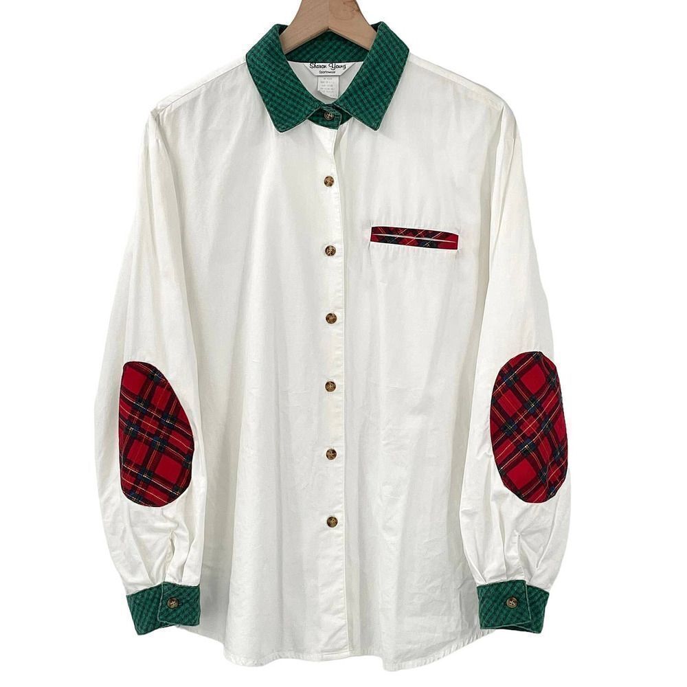 Vintage Long Sleeve Top White Mixed Print Holiday Christmas Plaid Made USA | 12